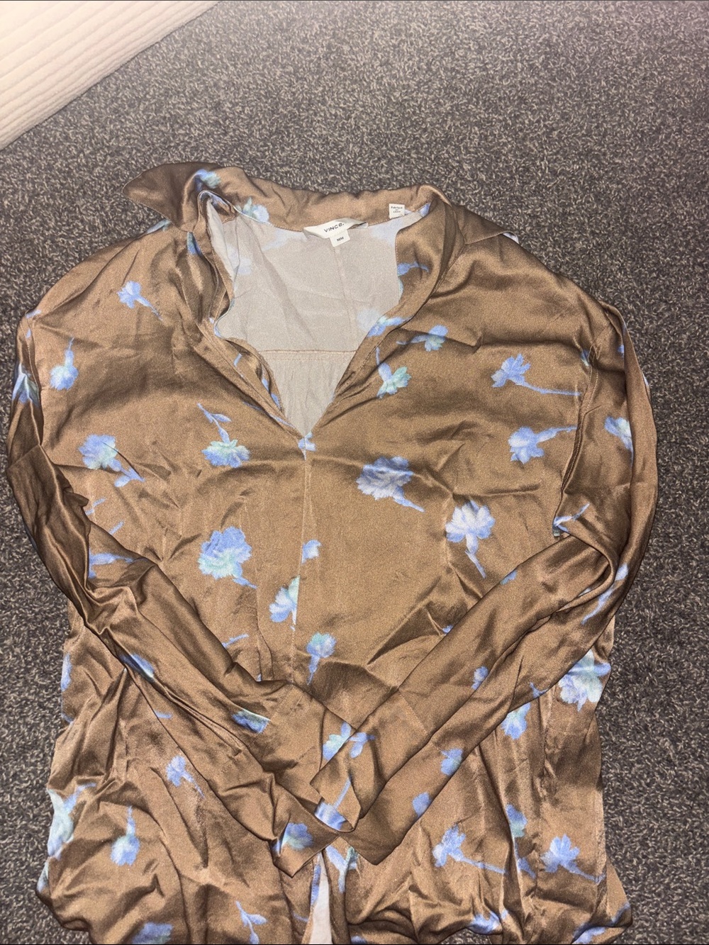 Vince Brown Satin Button-Down with Light Blue Floral Print